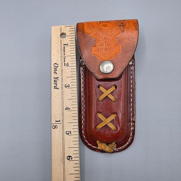 Harley-Davidson Brown and Orange Leather Bag with Cross-Stitch Design - Picture 16 of 17